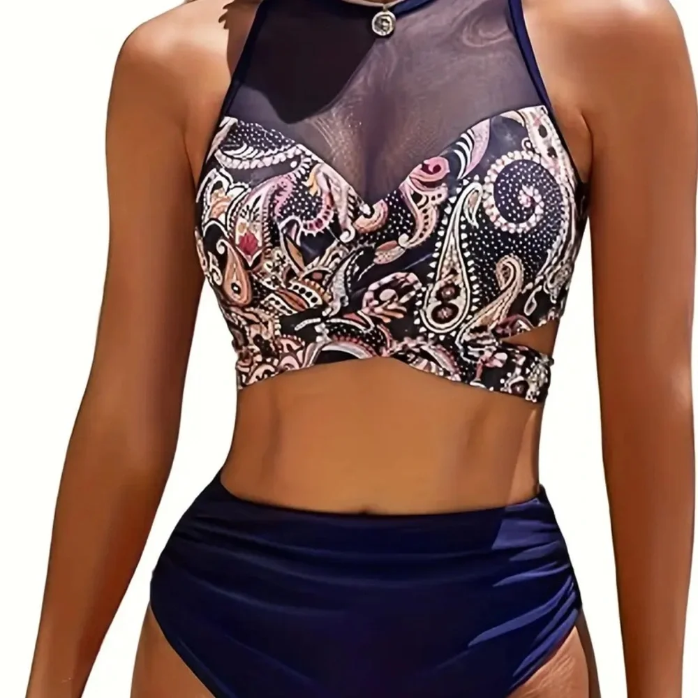 🔵 29) Navy halter  Paisley mesh Bikini Set, high waisted NEW size medium - Picture 5 of 5
